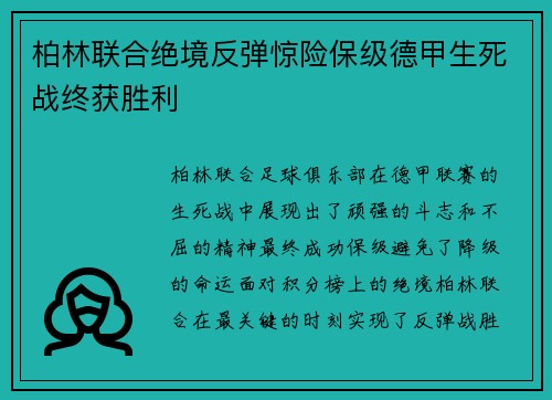 柏林联合绝境反弹惊险保级德甲生死战终获胜利