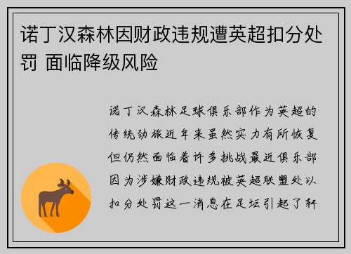 诺丁汉森林因财政违规遭英超扣分处罚 面临降级风险